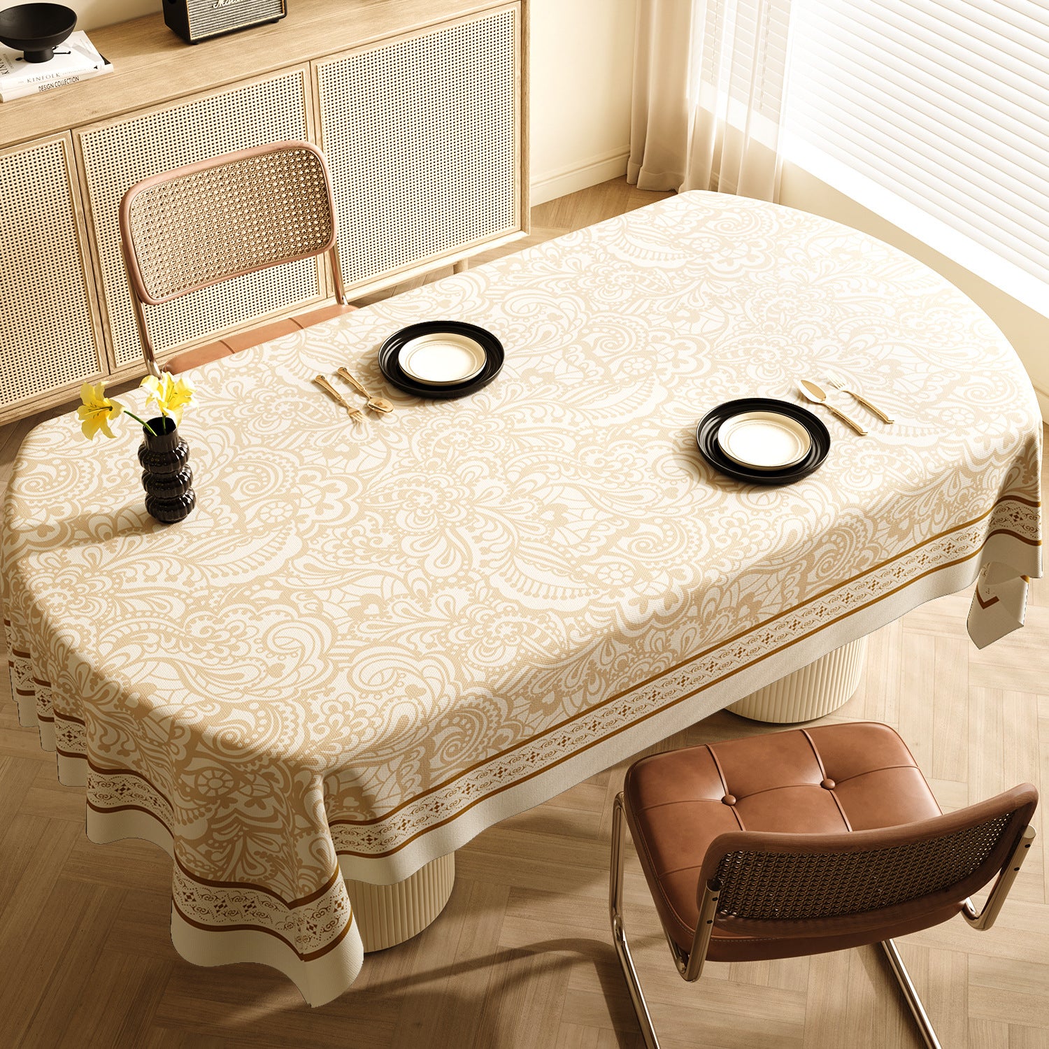 Style C Brown And Off White Premium PVC Tablecloth - Oil & Water Resistant Table Cover for Dining Tables (120 x 180 cm)