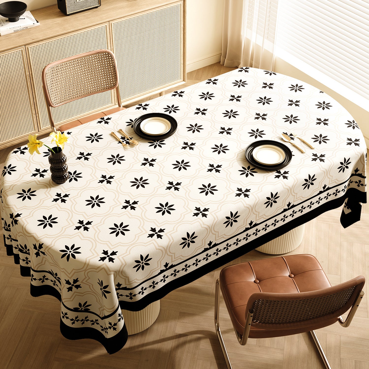 Style F Black And Off White Premium PVC Tablecloth - Oil & Water Resistant Table Cover for Dining Tables (120 x 180 cm)