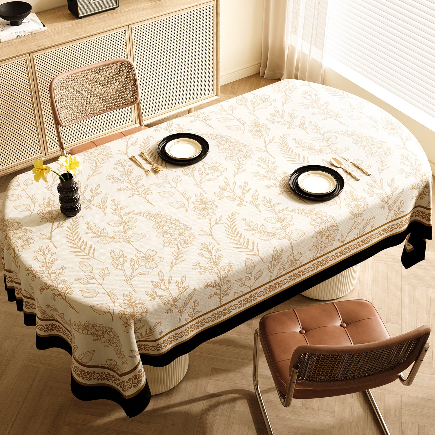 Style A Black And Off White Premium PVC Tablecloth - Oil & Water Resistant Table Cover for Dining Tables (140 x 220 cm)