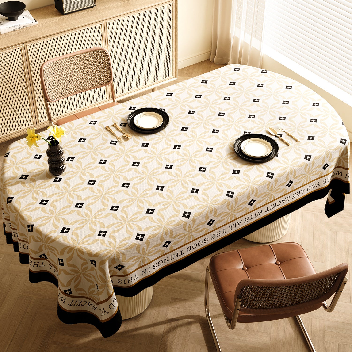 Style E Black And Off White Premium PVC Tablecloth - Oil & Water Resistant Table Cover for Dining Tables (140 x 220 cm)