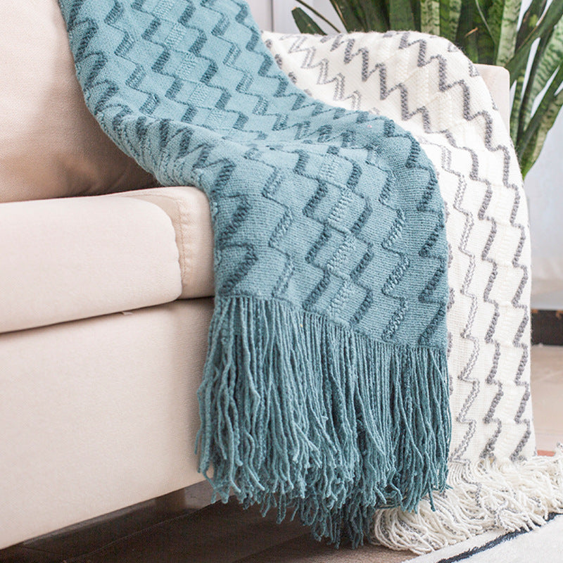 130*180CM White And Grey Modern Knitted Throw Blanket with Tassels - Soft & Lightweight for Sofa, Bed, and Office