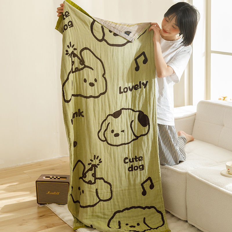 Green Cute Dog Pattern Soft and Absorbent 4-Layer Cotton Bath Towel for Adults and Children | Cartoon Design | 80*160 cm | Perfect for Bathing and Lounging