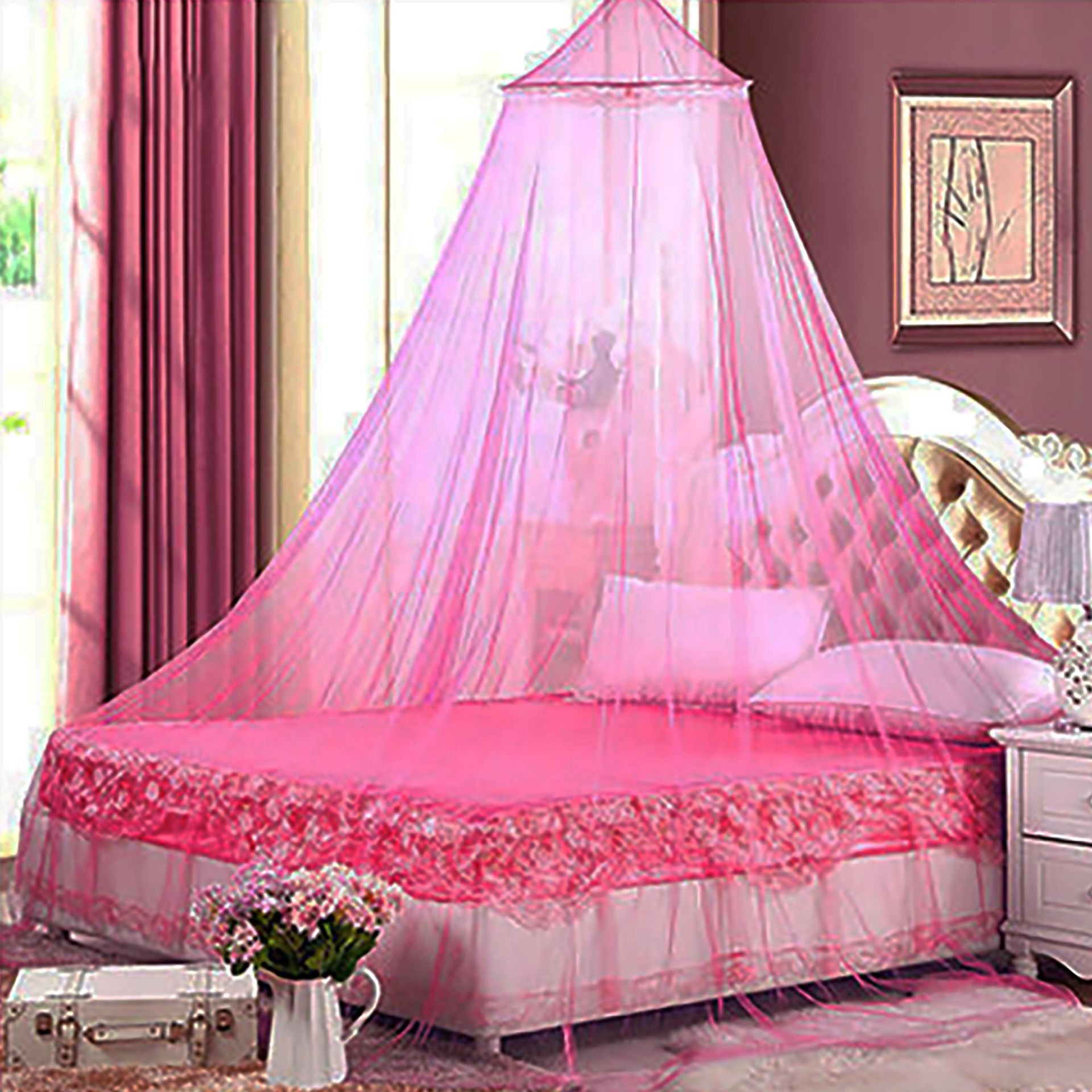 Pink Hanging Princess Bed Canopy Mosquito Net - Dome Bedding for Dorm Rooms & Bedrooms Fits 1.5m-1.8m Beds