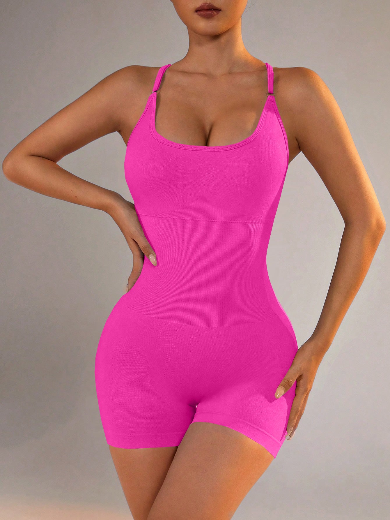 Size L Rose Red Grey Nylon Seamless Yoga Bodysuit - Women's Athletic Romper, Crisscross Back, Workout Jumpsuit
