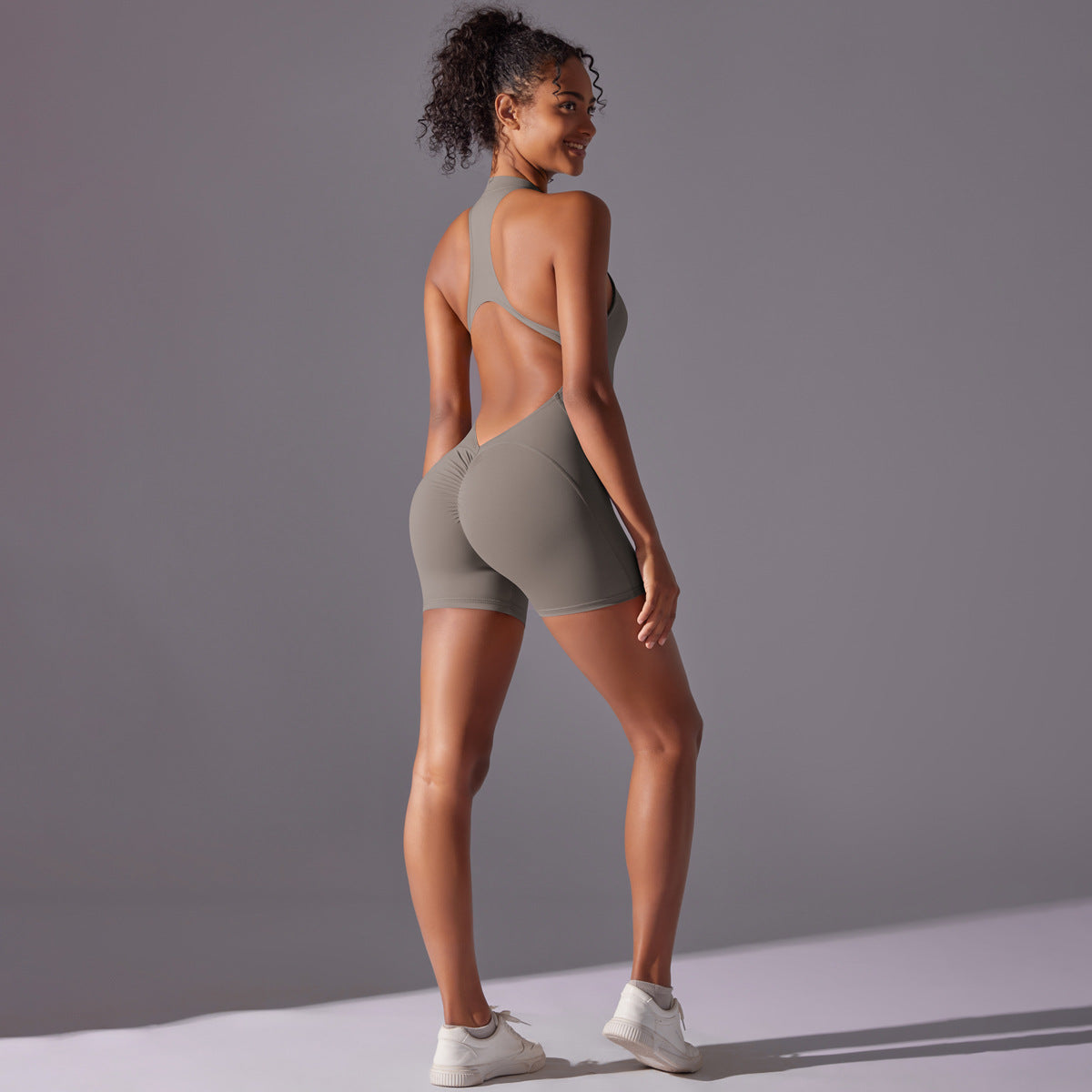 Size S Grey High-Impact Seamless Bodysuit - Nude Feel Yoga & Fitness Romper