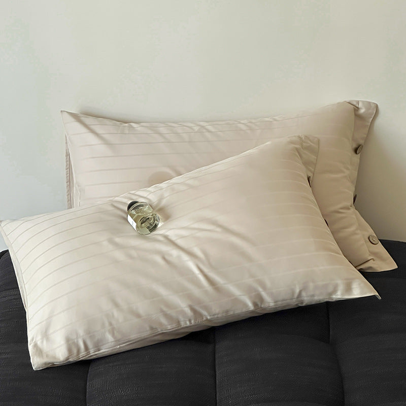 Off White Wide Stripes Long Staple Cotton Sateen Pillowcase Set - Jacquard Striped, Pure Cotton, 48x74cm Pair