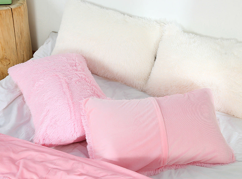 White Faux Fur Pillowcase Set - Crystal Velvet Plush Throw Pillow Covers, Bedding Accent 50x70cm, Pair
