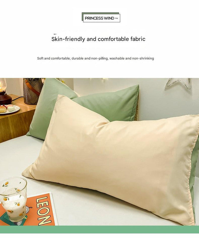 Green And Grey Washed Cotton Pillowcase Set - Solid Color, Simple Two-Tone Design, 48x74cm Pair