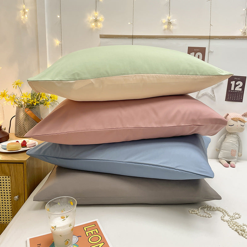 Pink And Grey Washed Cotton Pillowcase Set - Solid Color, Simple Two-Tone Design, 48x74cm Pair
