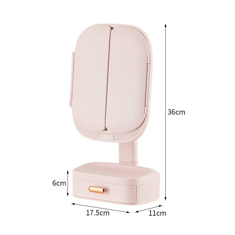 Pink LED Lighted Tri-Fold Makeup Mirror with Storage Drawer & Magnification(USB Charging Port)