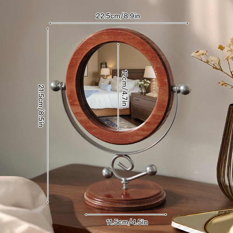 Silver and Brown Vintage Solid Wood Makeup Mirror - 360° Rotation Desktop Vanity Mirror