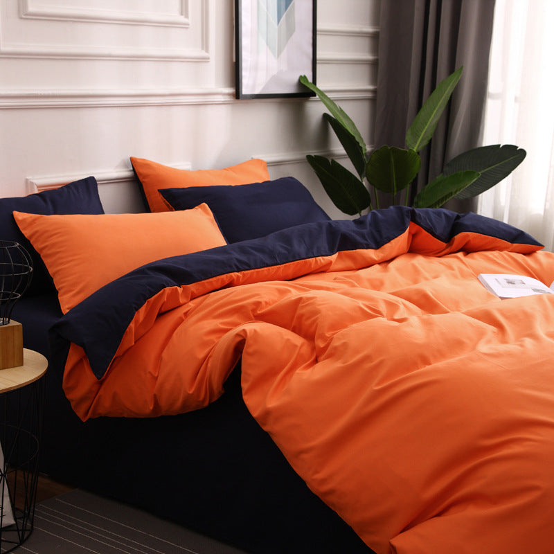 Dark Blue And Orange Stitching Ultra-Soft Solid Color 4-Piece Bedding Set - Queen Size Suitable for 2m bed