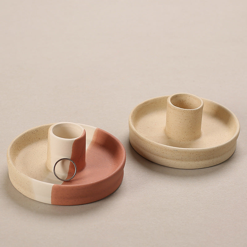 2 Pcs Yellow, White And Orange Stitching Oval Bottom Nordic Ceramic Candle Holder with Jewelry Dish - Elegant Minimalist Home Decor Piece