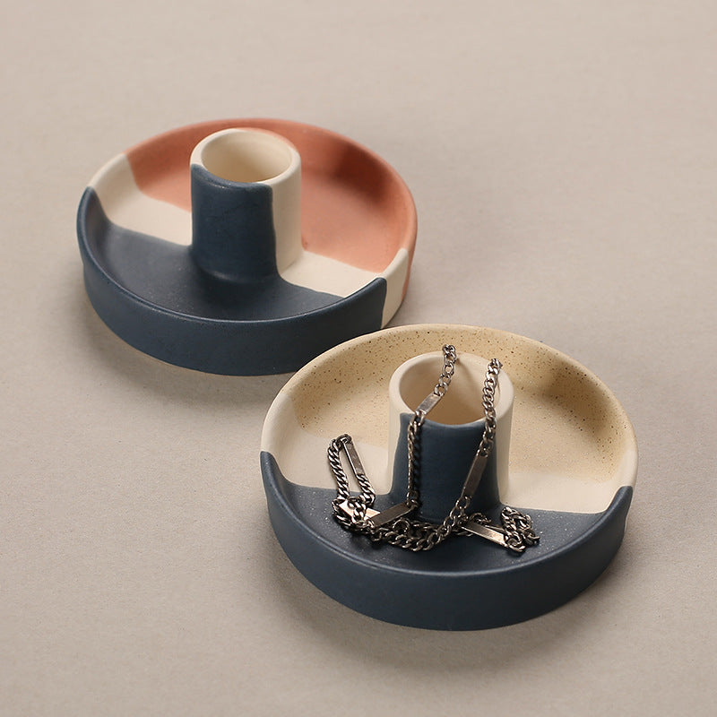 2 Pcs Yellow, White And Orange Stitching Oval Bottom Nordic Ceramic Candle Holder with Jewelry Dish - Elegant Minimalist Home Decor Piece