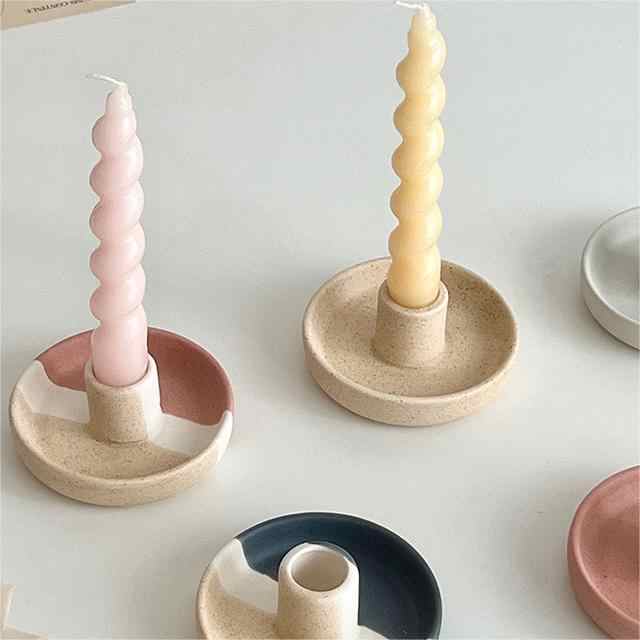 2 Pcs Yellow, White And Orange Stitching Oval Bottom Nordic Ceramic Candle Holder with Jewelry Dish - Elegant Minimalist Home Decor Piece