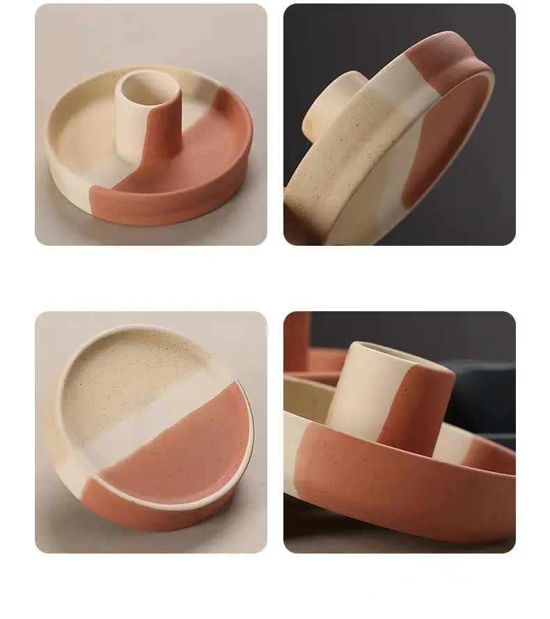 2 Pcs Yellow, White And Orange Stitching Oval Bottom Nordic Ceramic Candle Holder with Jewelry Dish - Elegant Minimalist Home Decor Piece