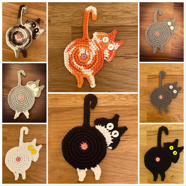 4 Pcs Grey Cute Cat Butt Knitted Coaster - Lightweight Crochet Drink Mat, 15x10cm