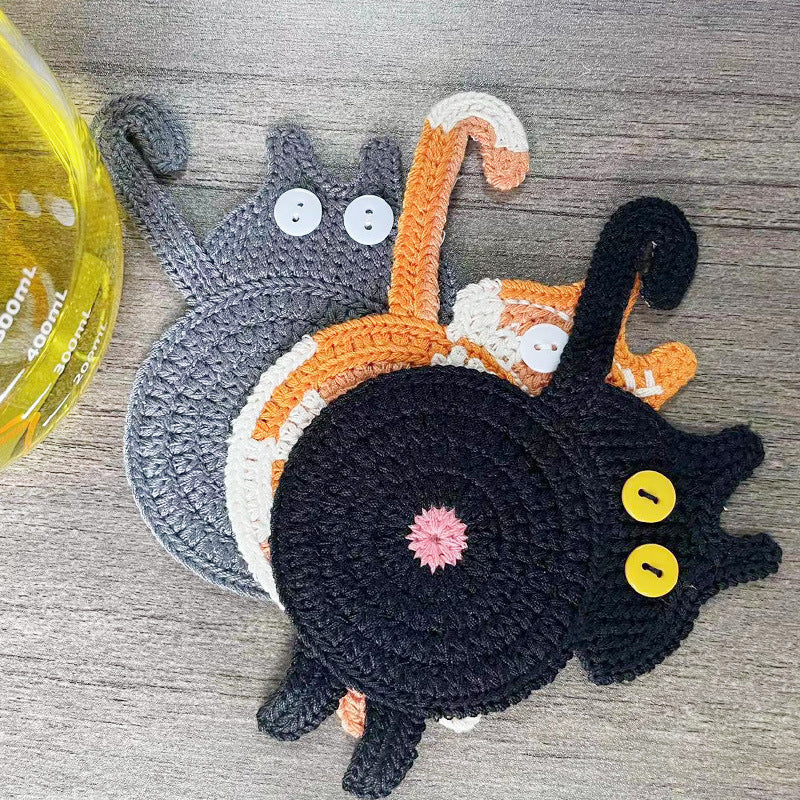 4 Pcs Grey Cute Cat Butt Knitted Coaster - Lightweight Crochet Drink Mat, 15x10cm