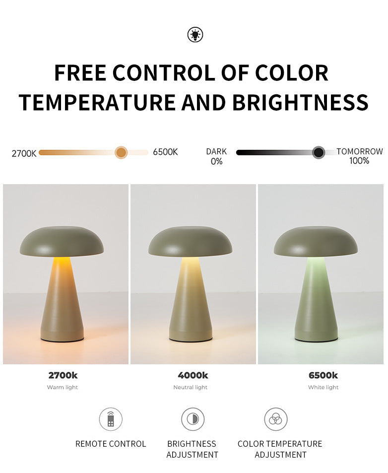 Olive Green Metal Mushroom Table Lamp - Rechargeable Touch Control Ambient Light with Remote