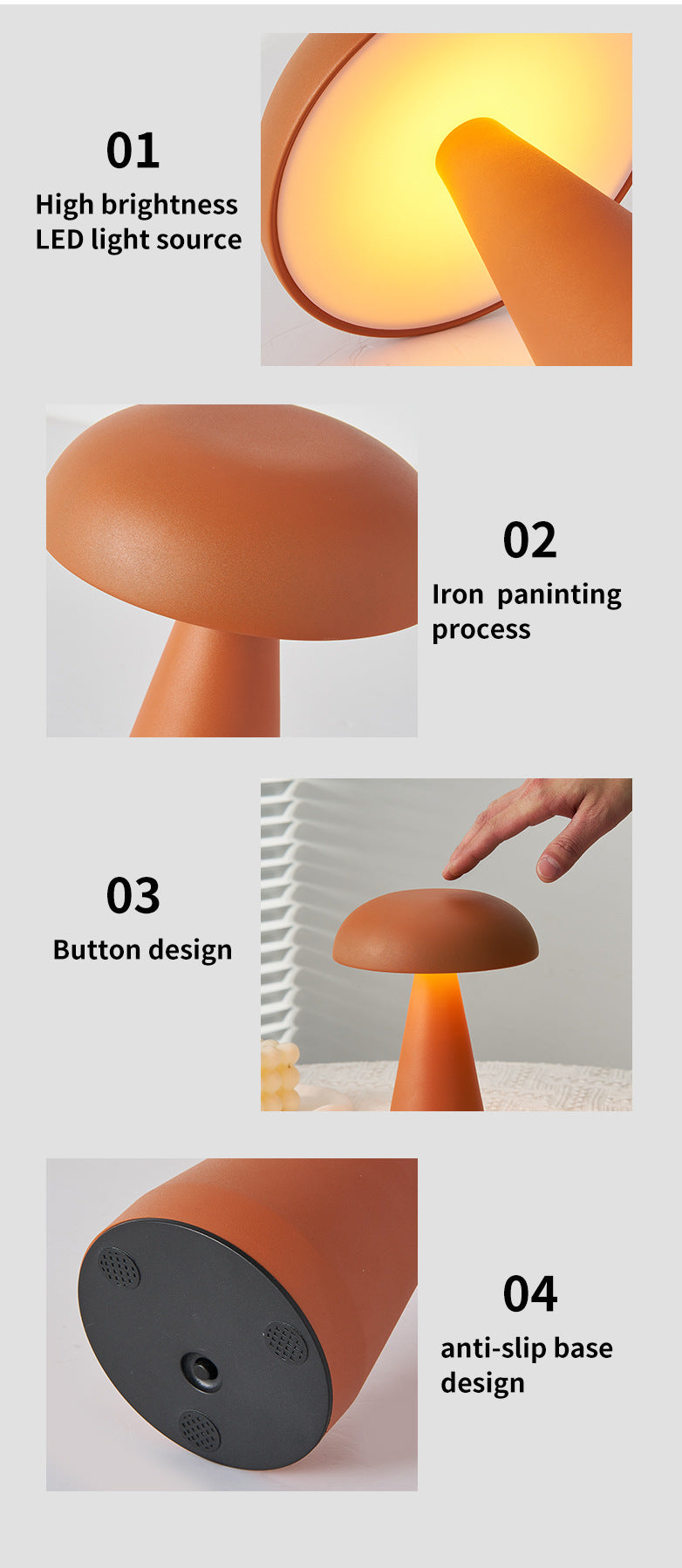 Olive Green Metal Mushroom Table Lamp - Rechargeable Touch Control Ambient Light with Remote