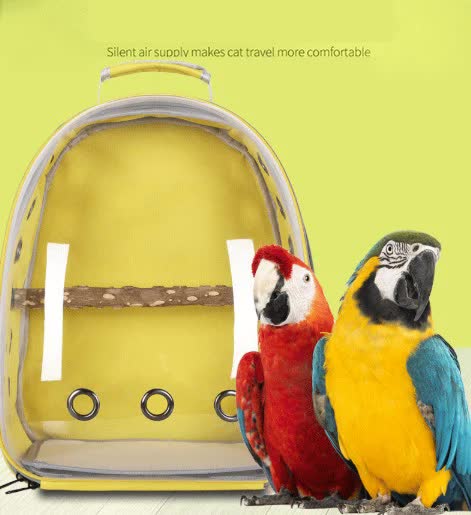 Yellow Stylish Transparent PVC Pet Carrier Backpack - Large Capacity, Multi-Use for Birds & Cats Including Wooden Stick