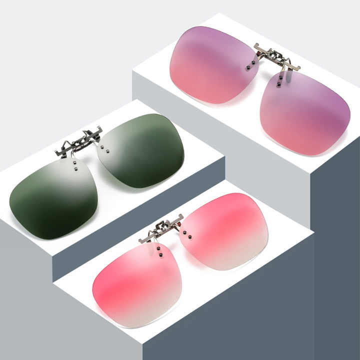2 Pcs Black Grey Polarized Clip-On Sunglasses - Day & Night Use, Frameless Polygon Design for Fishing & Driving