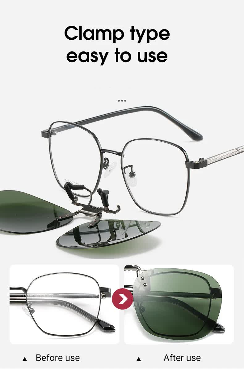 2 Pcs Black Grey Polarized Clip-On Sunglasses - Day & Night Use, Frameless Polygon Design for Fishing & Driving