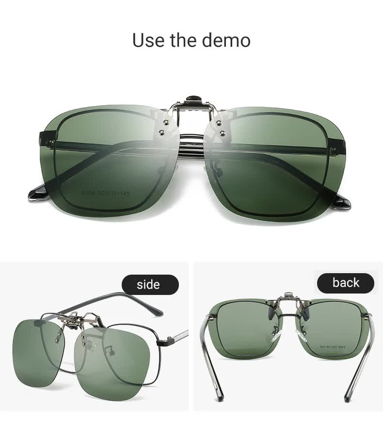 2 Pcs Black Grey Polarized Clip-On Sunglasses - Day & Night Use, Frameless Polygon Design for Fishing & Driving