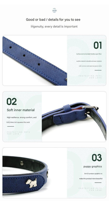 2 PCS Blue Soft Leather Dog Collar - Adjustable & Durable for Medium/Large Dogs S- 48*2.0cm