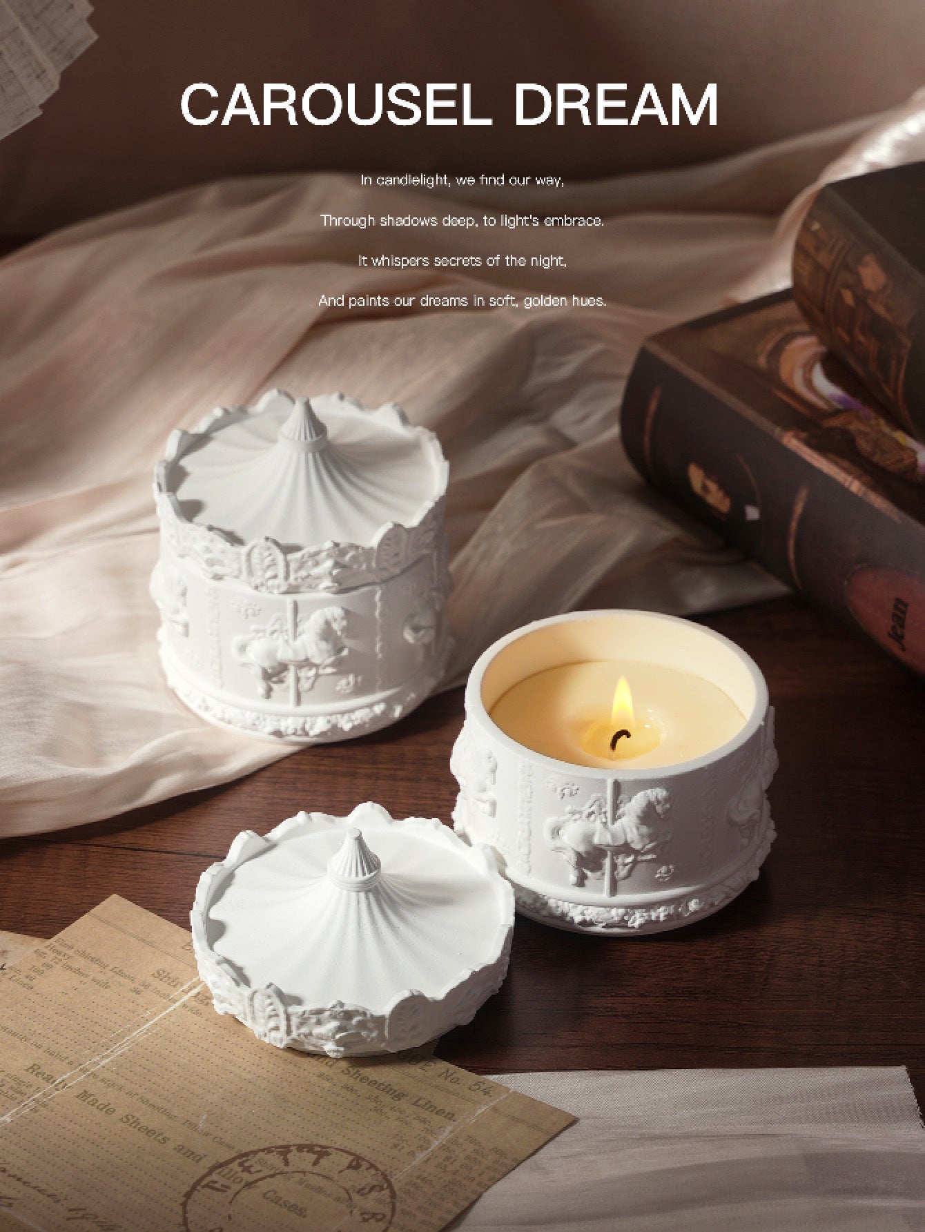 White Peach Oolong Rotating Carousel Soy Candle - Unique Home Decor & Gift