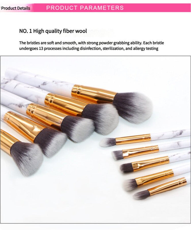 Bag + Brush White Marble Makeup Brush Collection - 10 brushes for face, eyes and lips