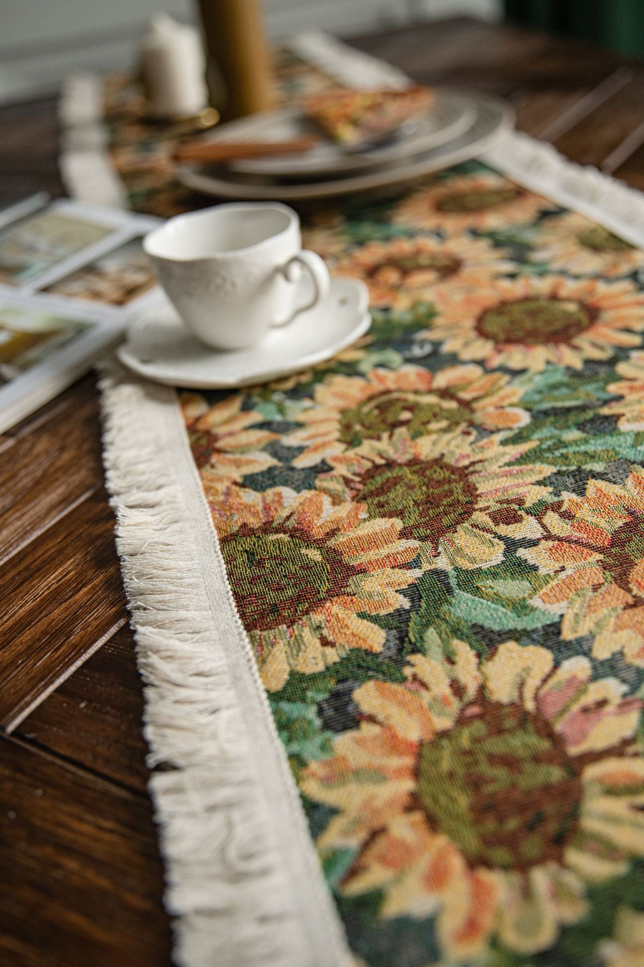 2 PCS Sunflower Table Runner with Fringe - Jacquard Woven Cotton Blend 30x140cm