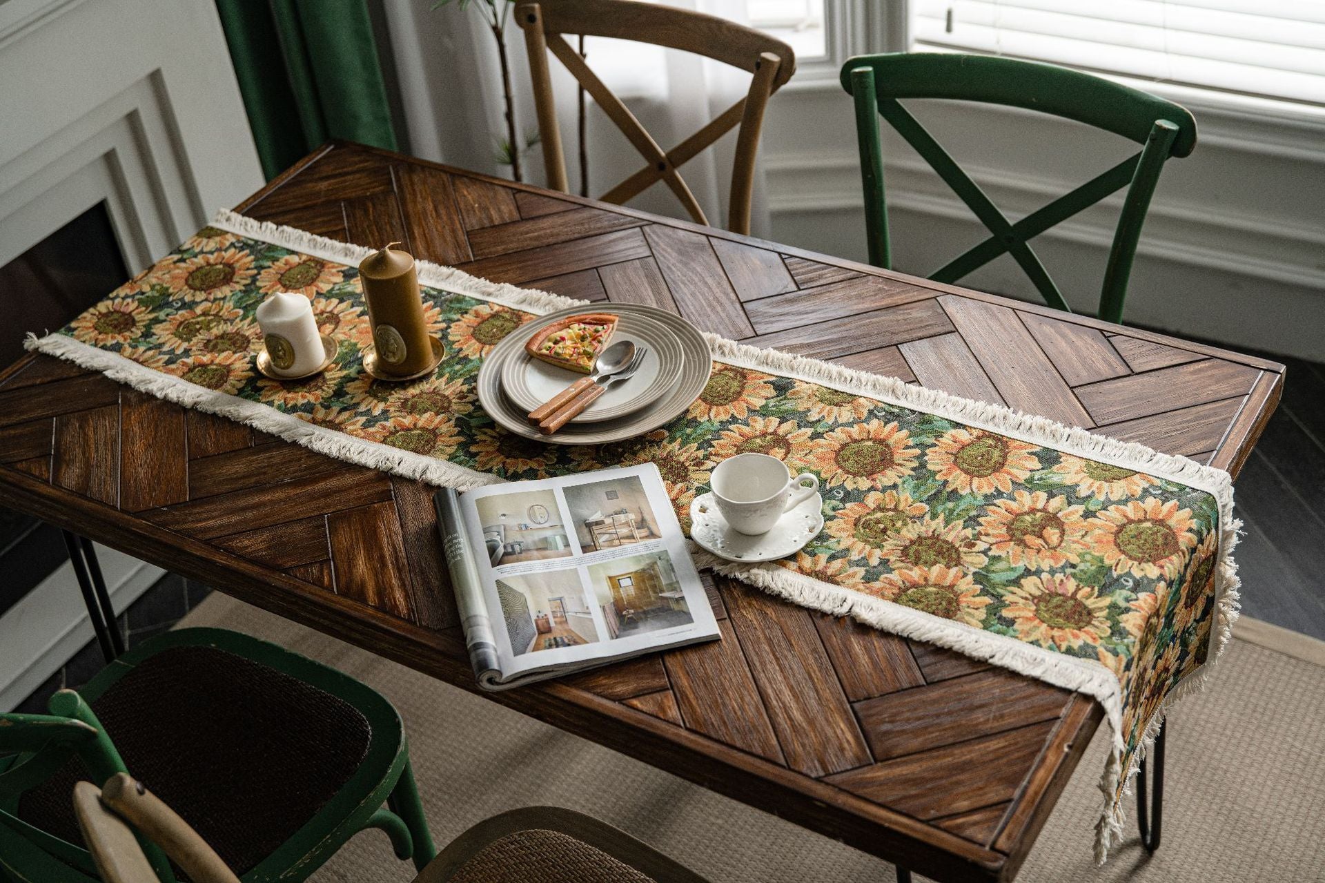 2 PCS Sunflower Table Runner with Fringe - Jacquard Woven Cotton Blend 30x140cm