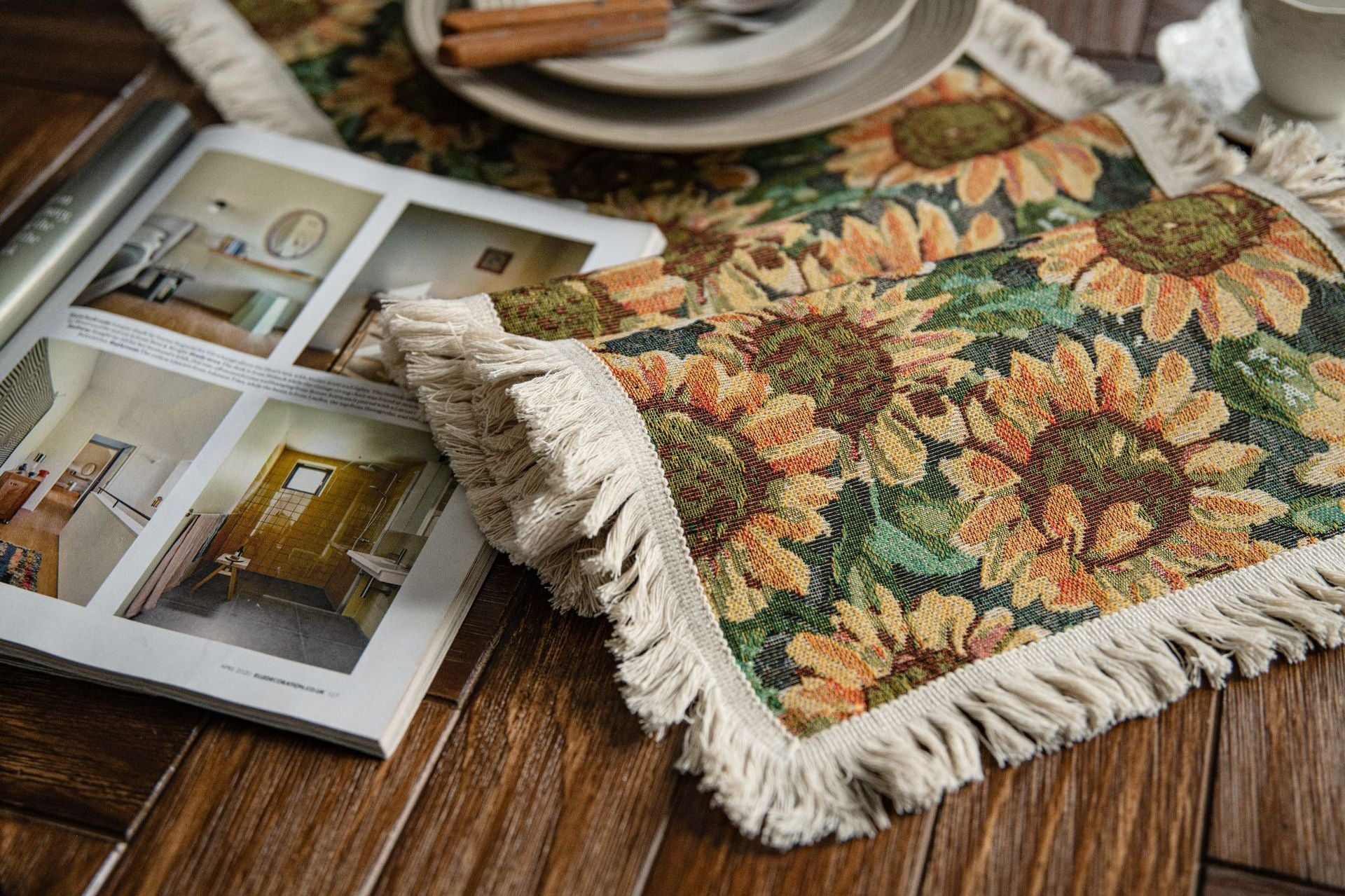 2 PCS Sunflower Table Runner with Fringe - Jacquard Woven Cotton Blend 30x140cm