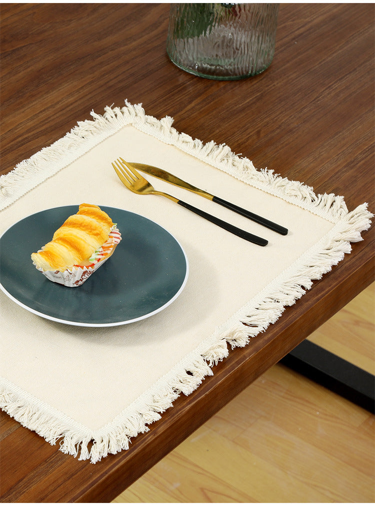 4 PCS Beige Cotton Linen Placemat with Fringe - Solid Color Table Mat for Dining 45X30CM