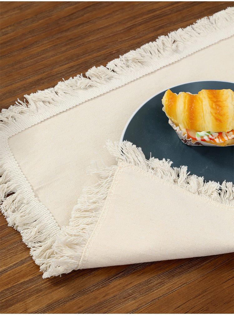 4 PCS Beige Cotton Linen Placemat with Fringe - Solid Color Table Mat for Dining 45X30CM
