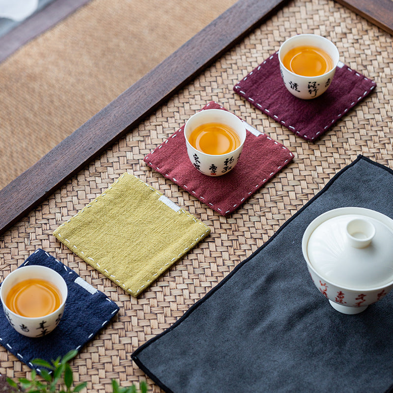 Yellow Chinese Style Linen Coasters - Set of 4, Hand-Embroidered Tea Mats 9x9cm