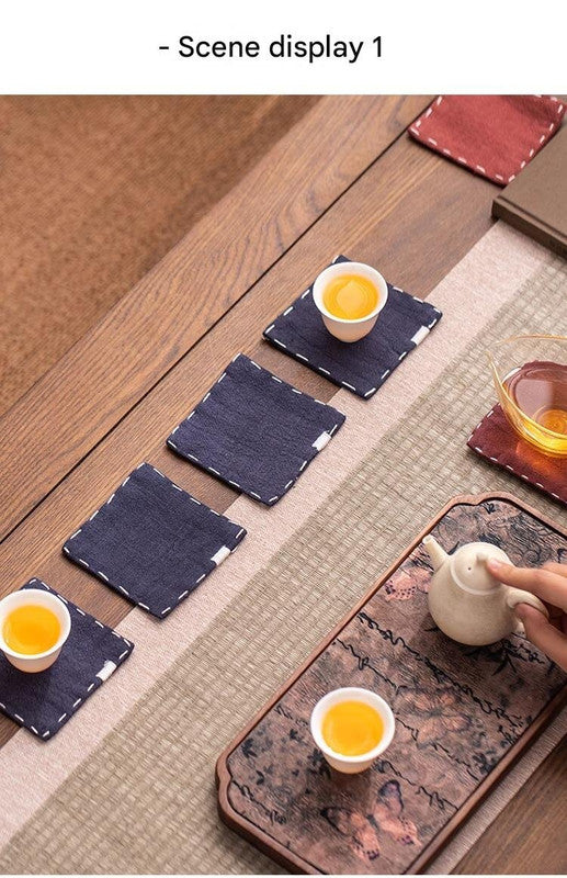Navy Blue Chinese Style Linen Coasters - Set of 4, Hand-Embroidered Tea Mats 9x9cm