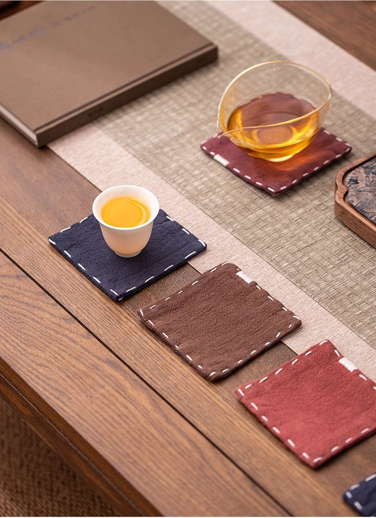 Navy Blue Chinese Style Linen Coasters - Set of 4, Hand-Embroidered Tea Mats 9x9cm