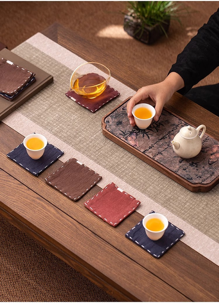 Navy Blue Chinese Style Linen Coasters - Set of 4, Hand-Embroidered Tea Mats 9x9cm
