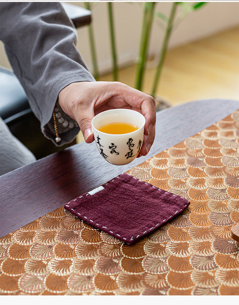 Purple Red Chinese Style Linen Coasters - Set of 4, Hand-Embroidered Tea Mats 9x9cm