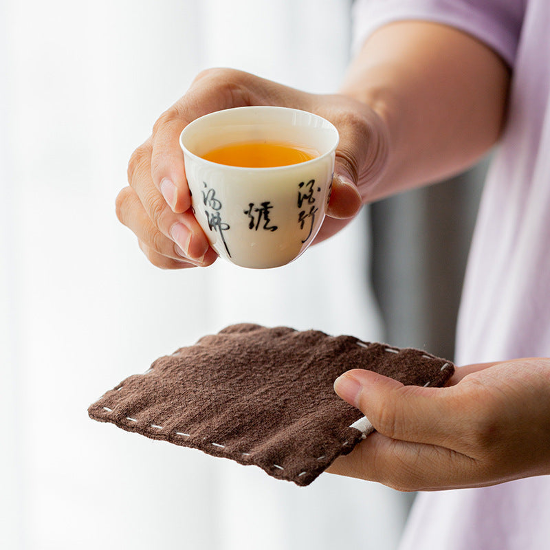 Brown Chinese Style Linen Coasters - Set of 4, Hand-Embroidered Tea Mats 9x9cm