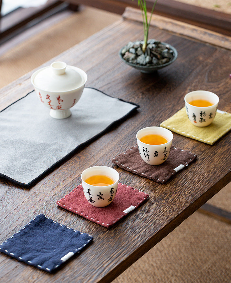 Chinese Style Linen Coasters - Set of 5, Hand-Embroidered Tea Mats 9x9cm