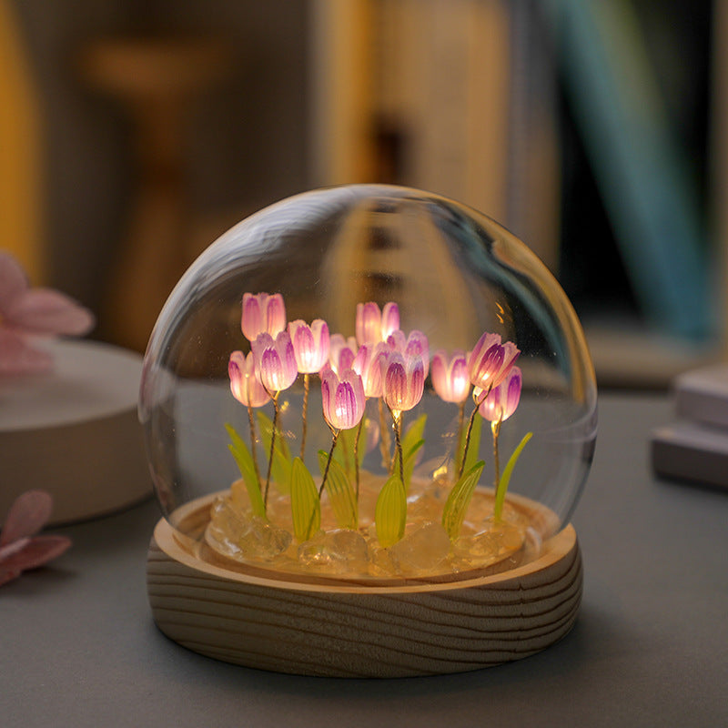Thirteen Purple Tulips Glowing Tulip Dome Lamp - Wooden Base, Bedside Table Decoration