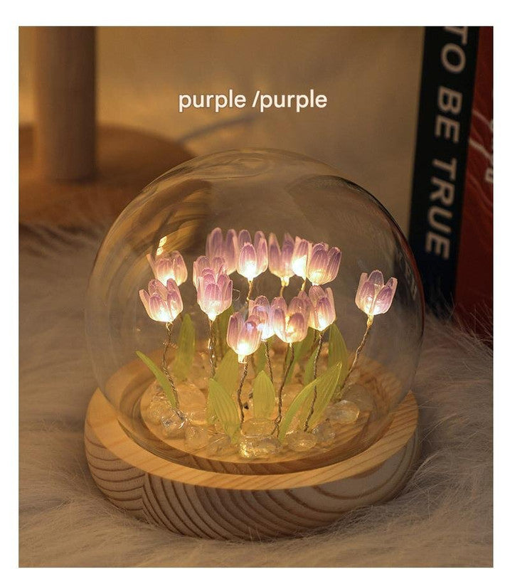 Thirteen Purple Tulips Glowing Tulip Dome Lamp - Wooden Base, Bedside Table Decoration