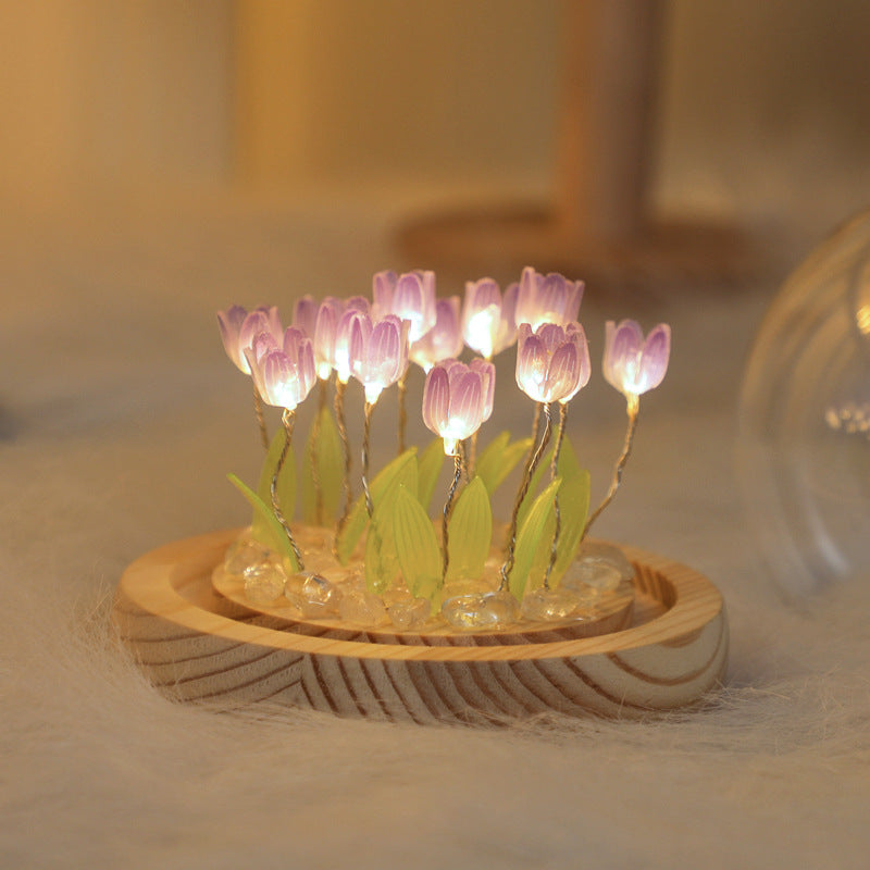 Thirteen Purple Tulips Glowing Tulip Dome Lamp - Wooden Base, Bedside Table Decoration