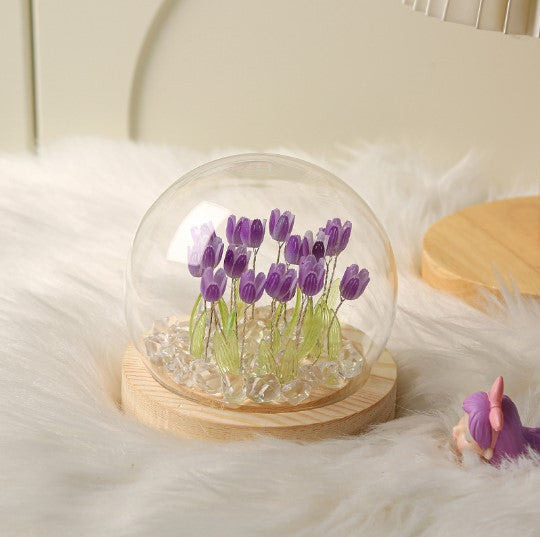 Thirteen Purple Tulips Glowing Tulip Dome Lamp - Wooden Base, Bedside Table Decoration