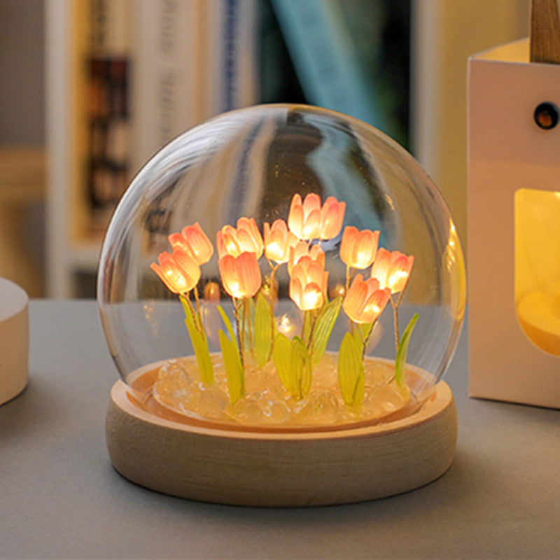 Thirteen Pink Tulips Glowing Tulip Dome Lamp - Wooden Base, Bedside Table Decoration