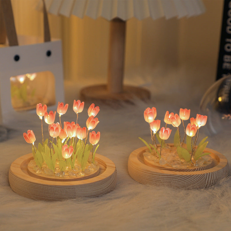 Thirteen Pink Tulips Glowing Tulip Dome Lamp - Wooden Base, Bedside Table Decoration