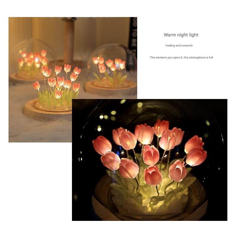 Thirteen Pink Tulips Glowing Tulip Dome Lamp - Wooden Base, Bedside Table Decoration